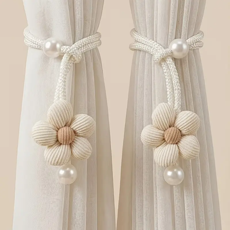 Fabric Floral Flower Curtain Tiebacks with Pearl Decor, Ins Luxury Drape Straps for Sheer Window Curtains