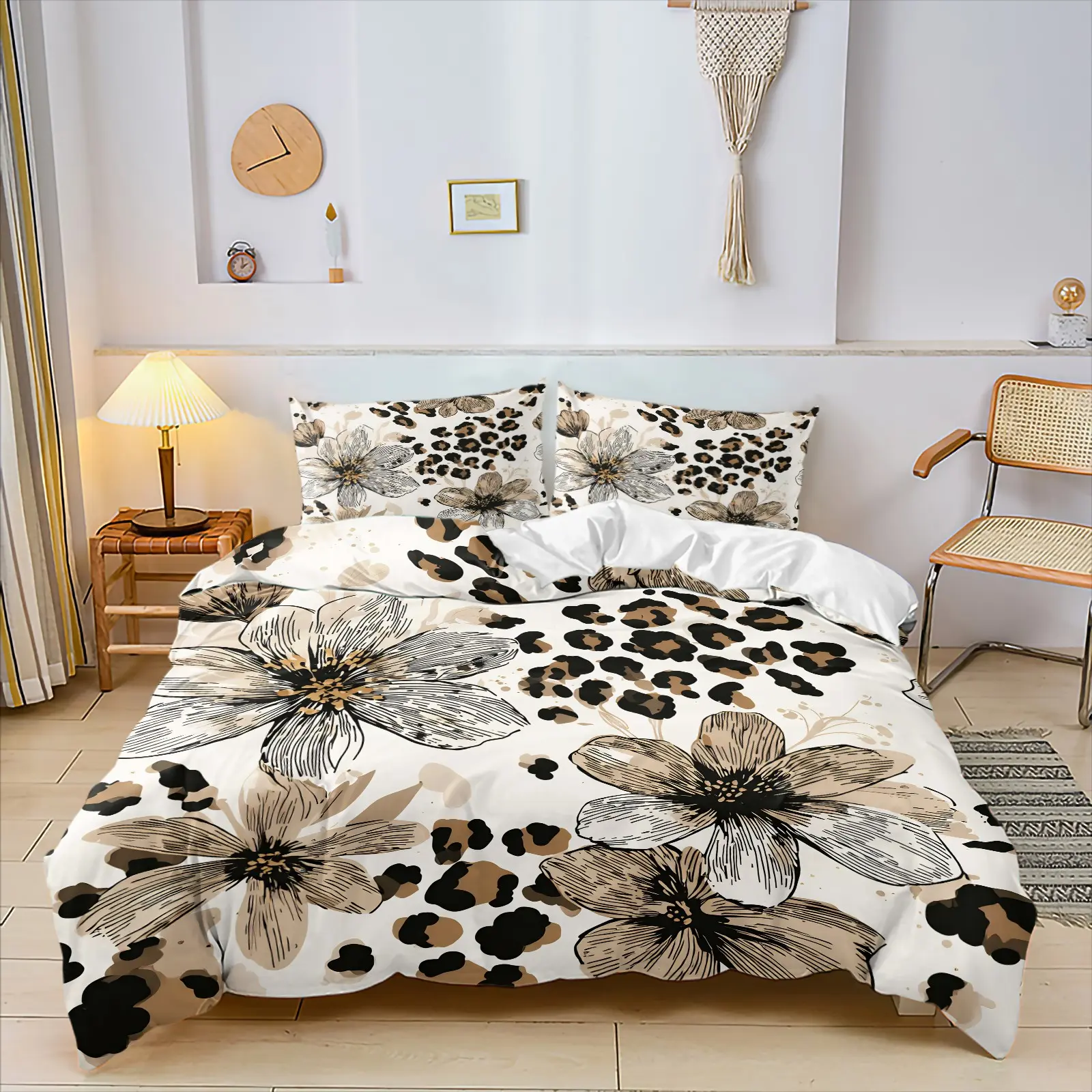 Bohemian Retro Bedding, Hand-Painted Big Flower Mixed With Classic Brown And Black Leopard Print Duvet Cover Set & 1-2 Coreless Pillowcases, Skin-Friendly Soft Breathable, Pastoral Floral And Animal Pattern Themed Decor, Elegant Earth Tone Gift