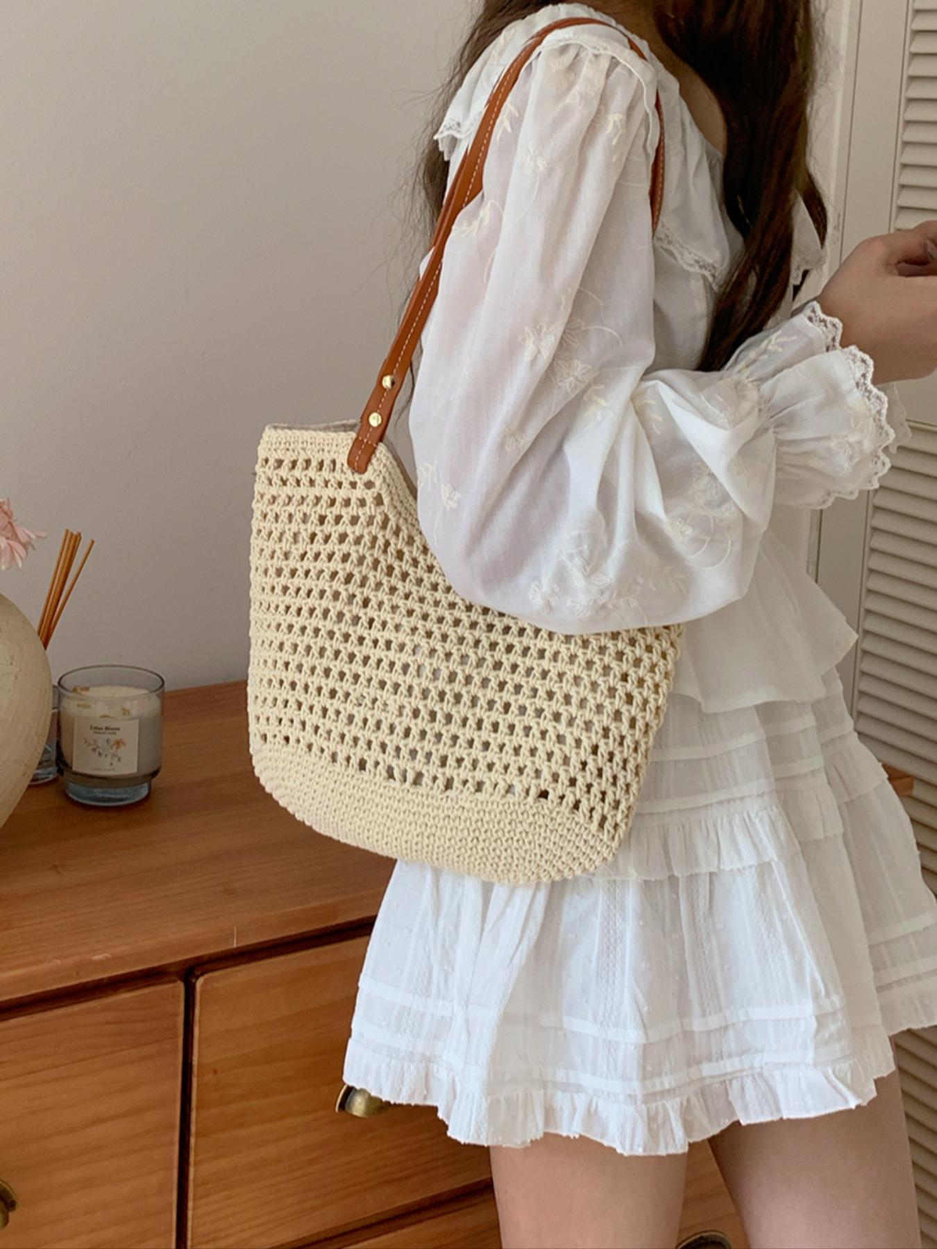 Women's Solid Color Crochet Shoulder Bag, Large Capacity Boho Straw Bag, Casual Trendy Versatile High-quality Daily Commuting Bag, Girl Fashionable Shopping Bag