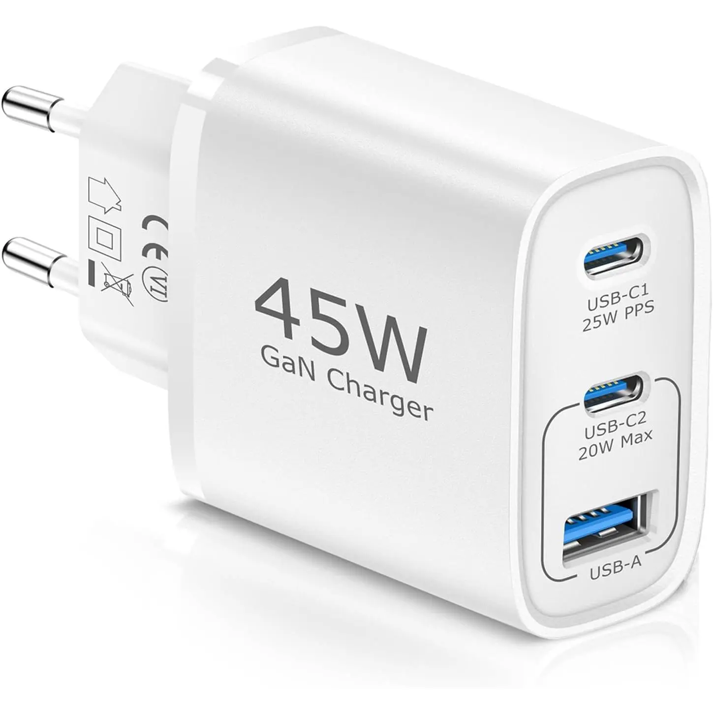 European Travel Plug Adapter,40W 4-Port USB C Wall Charger Plug Type C   Block (White)