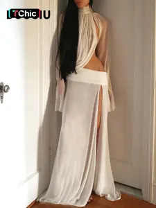 DOUCIU Summer Beach Vacation Yacht Party Sexy Hot Beautiful Cool Women'S Thin Style Solid Color Mesh See Through Long Sleeved Top Skirt Two-Piece Set