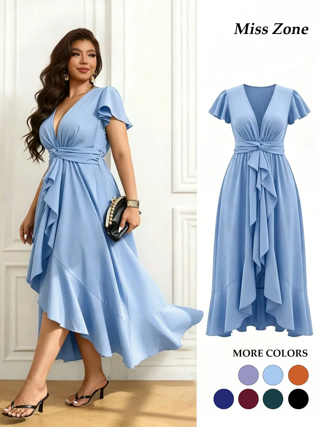 Women's Plus Size Trendy Wrap V-Neck Flutter-Sleeve Dress, Asymmetrical Ruffle High-Low Hem Flowy Gown for Cocktail and Wedding Guest