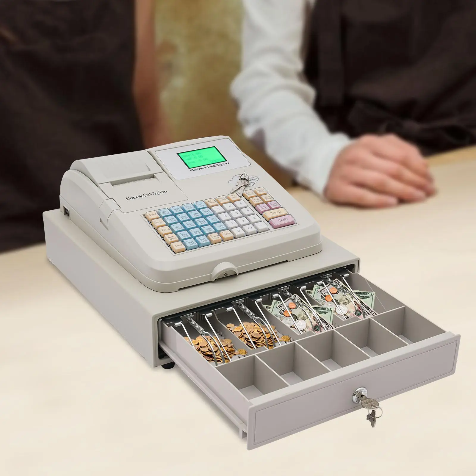 White 48-Key Electronic Cash Register with Lockable Coin Drawer Box, Key Lock, Stainless Steel Components, Rectangle Design, 1*Adapter, 1*CD, 1*Power Cord & POS Bill-Coins System for Small Businesses
