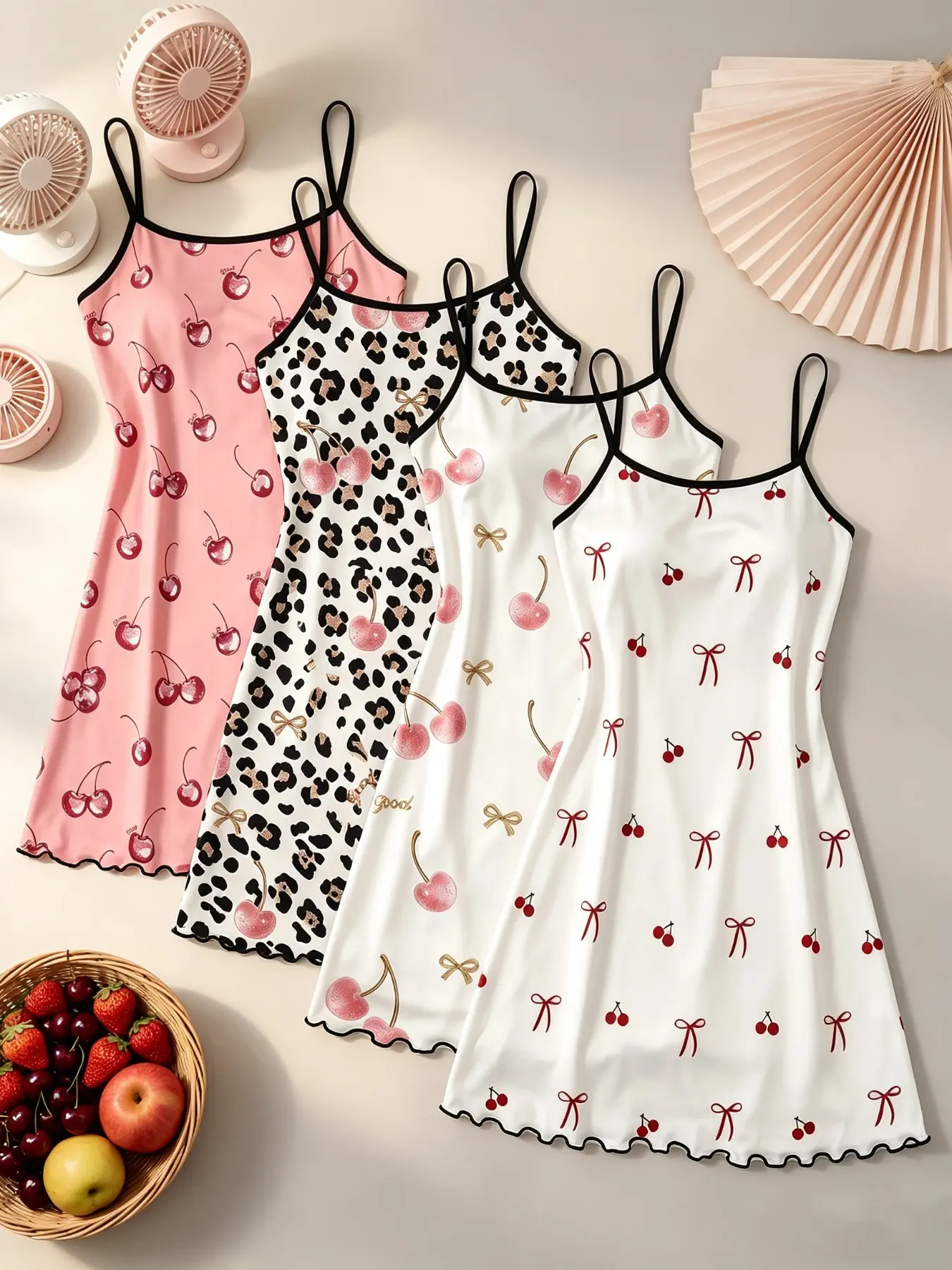 4 Pack Ins Aesthetic Women's Sleep Dresses Loungewear Nightdress Sleepwear Cherry Leopard Bow Print Spaghetti Strap Lettuce Hem Contrast Trim Soft Cozy Casual Nightgown Loungewear Nightwear for Home Daily Wear