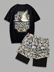 Two-Piece Set Men's Camo Print Short Sleeve Tee & Camo Print Shorts Set, Regular Fit Casual Round Neck T-shirt & Shorts, Men's Summer Clothes Camouflage