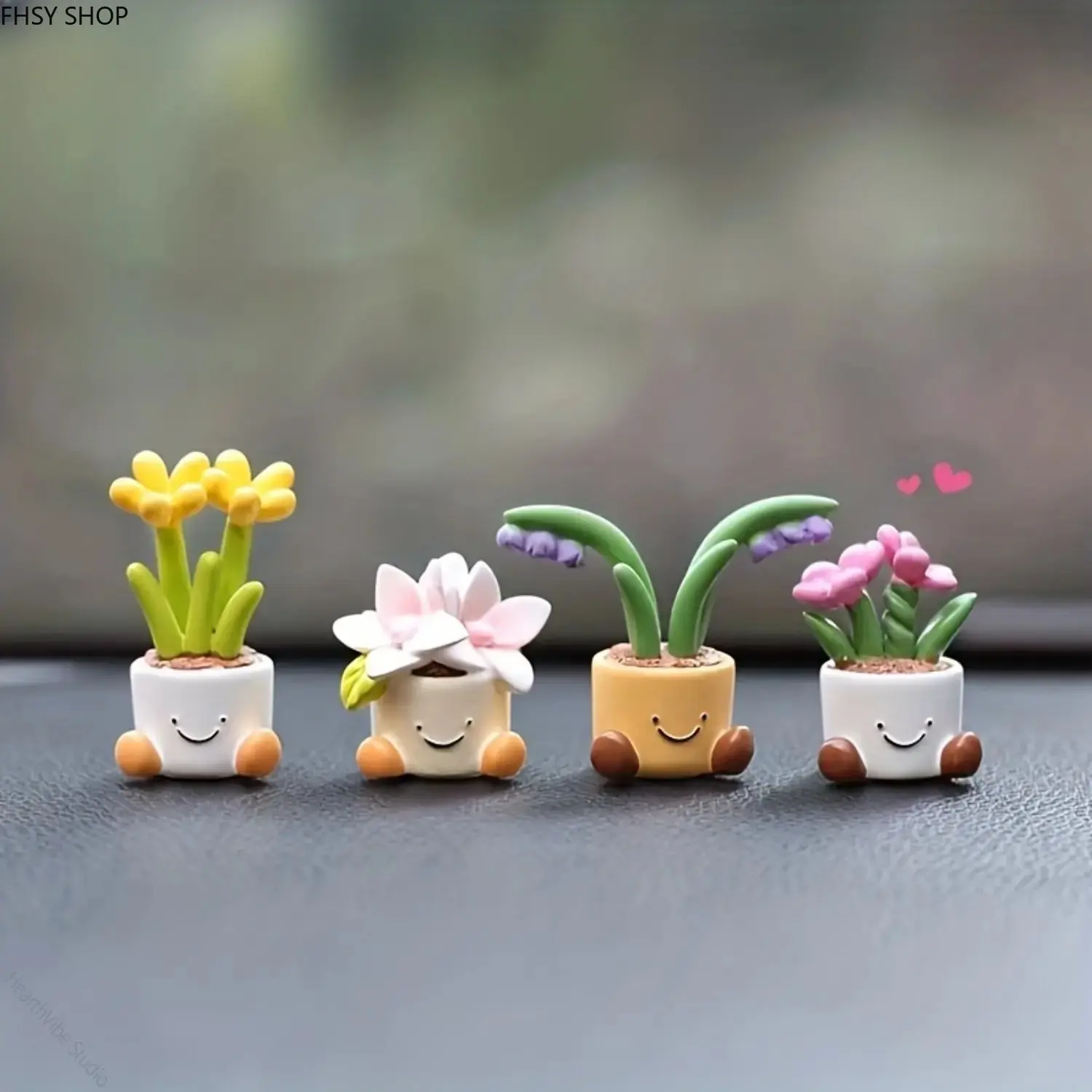 4PCS Mini Potted Flower Car Ornaments, Cute Dashboard Decorations for Auto Interior, Stylish Small Plant Trinkets for Car, Office Desk & Gift for Car Lovers
