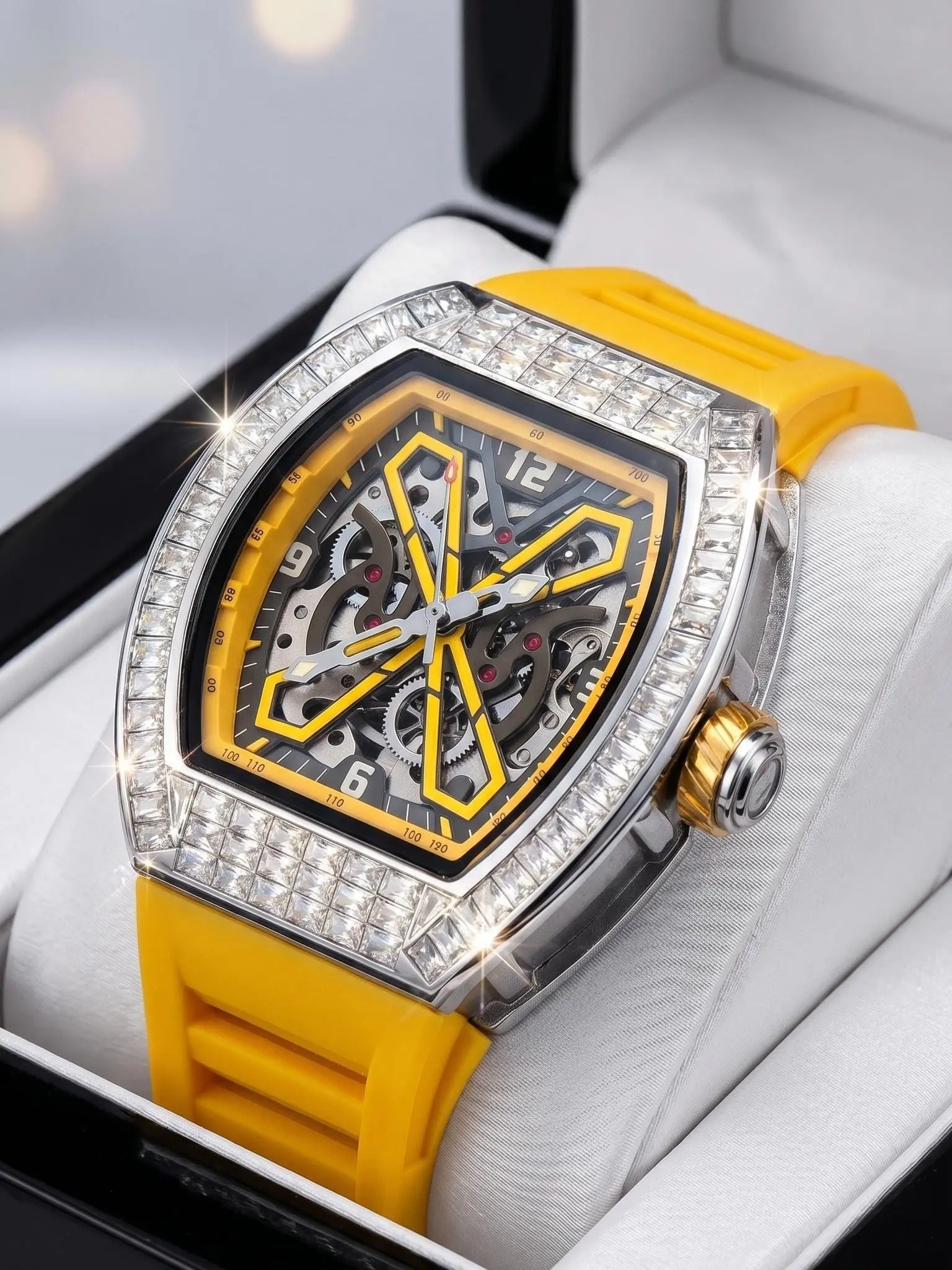 ONOLA Men's Automatic Mechanical Watch, Silver Color Case, Crystal Diamond Bezel, Silicone Strap, Luminescent Hands, Waterproof Watch Luxury Watches Men Gift