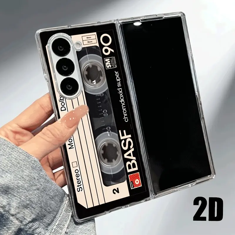 2D Suitable for Samsung ZFOLD 7 FOLD 6 FOLD 3 FOLD 4 FOLD 3 FOLD2, transparent split phone case, folding phone case, hard shell Cassette Tape Design Pattern