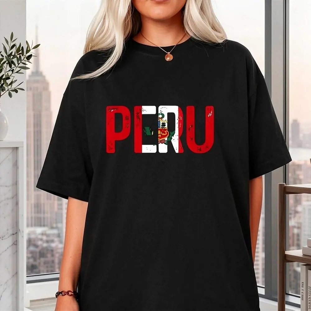Vintage Peruvian Flag Tops for Women, Streetwear Distressed Print 100% Cotton Casual Round Neck Short Sleeve Tee, Breathable Fabric