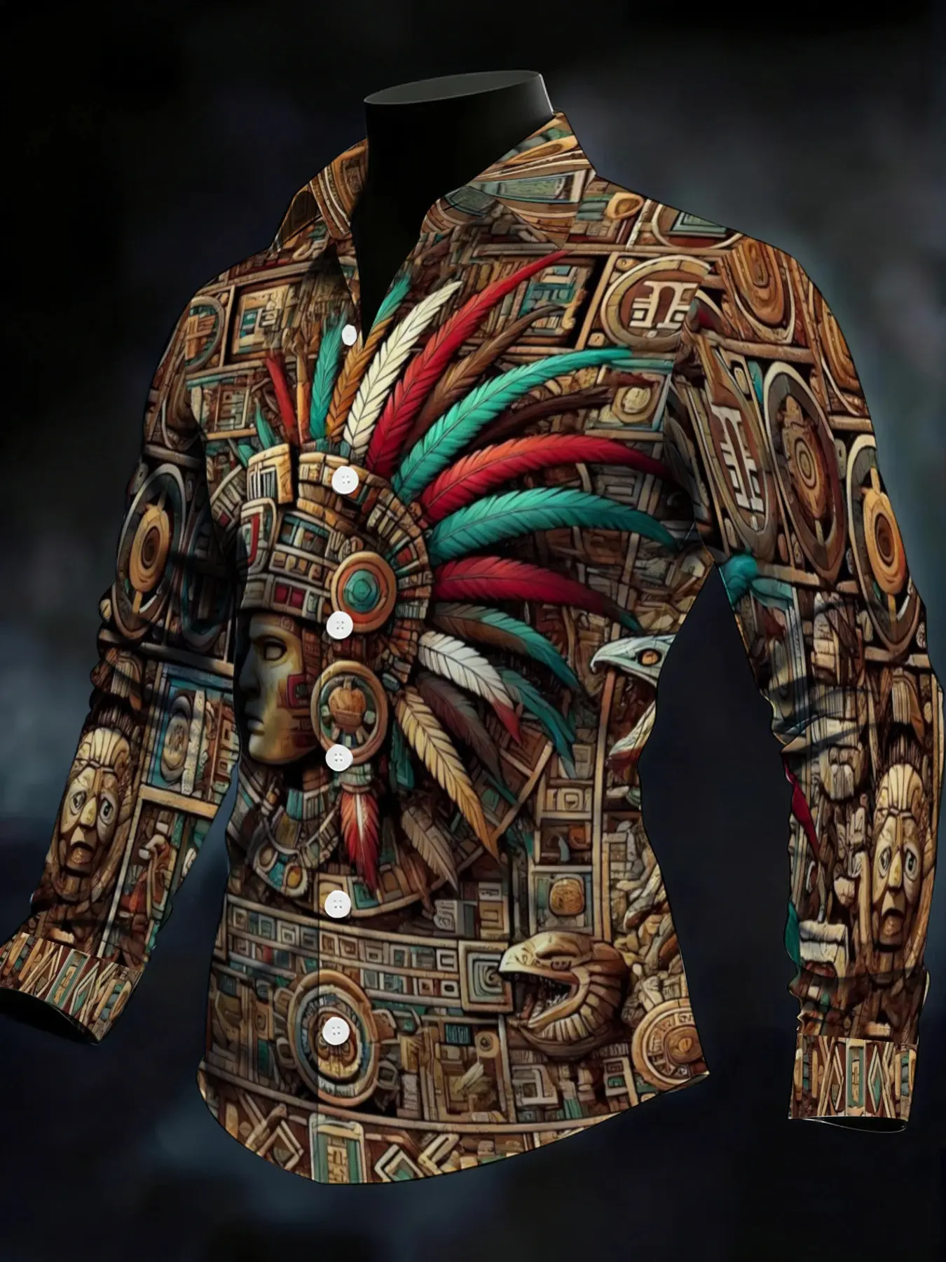 Men's Long Sleeve Shirt with Retro Aztec Totem Print Ethnic Feather Pattern Casual Fashion Loose Plus Size Collared Blouse, Casual Boho Shirt, Football Game Day Casual Outfit For Mexican FansSoccer Fan Ethnic Retro Printed For Party Sports Daily Wea