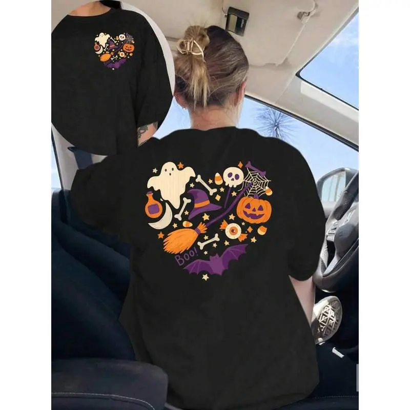 Men's Crew Neck Short Sleeve Front-Back Printed T-Shirt - Halloween Pattern, Streetwear Party Clothes, Cargo Pants-Matching Fabric Fashion Casual Top