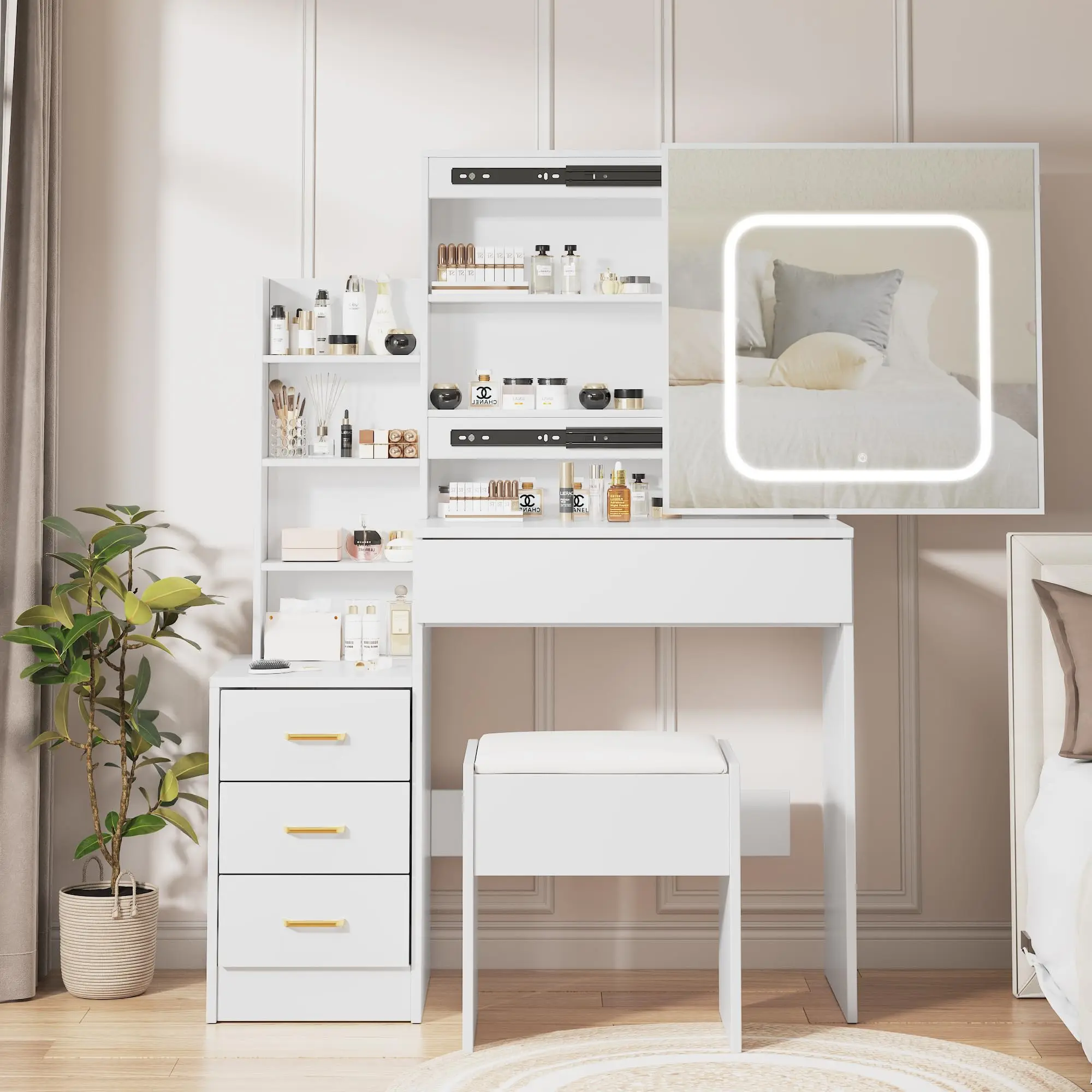 GARVEEVanity Desk with Sliding Mirror and Lights, Makeup Vanity Set with 4 Drawers, Stool, Power Outlet, Open Shelves, 3 Color Adjustable Lighting Modes, Makeup Dressing Table for Bedroom, White