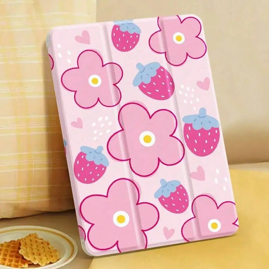 Cartoon Strawberry Flower Design Stylish Tablet Case - Compatible with 2023-2025 Apple Tablets (10.9in 10th Gen, 11in 11th Gen/Air/Pro, 13in Pro 2024)
