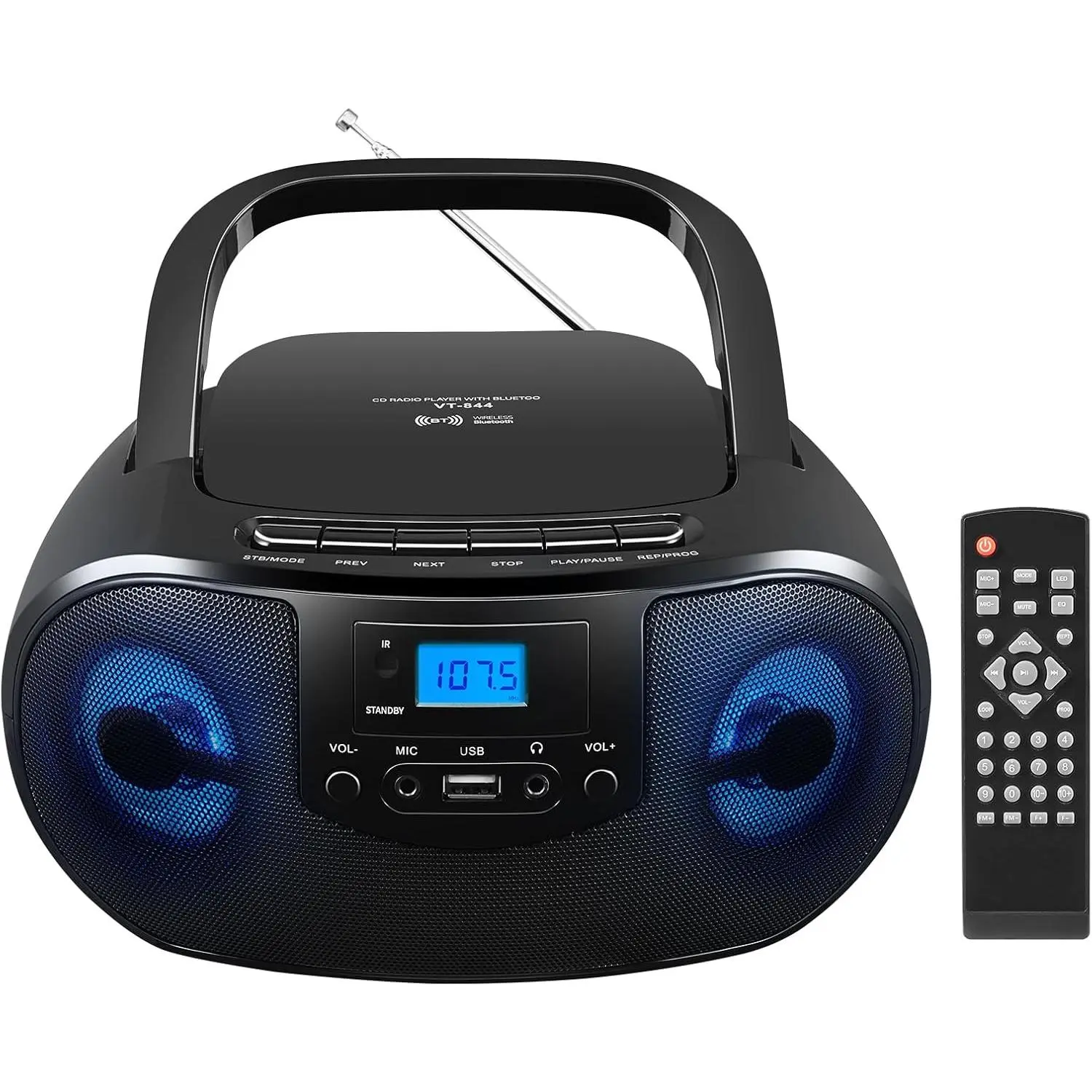 Portable CD Player Boombox with FM Radio, Top Loading CD Stereo Boom Box for Home, Bluetooth, Remote Control, LED Light, Headphone/Mic Jack, Support CD-R/RW/MP3-CD, USB, LCD Display, Black