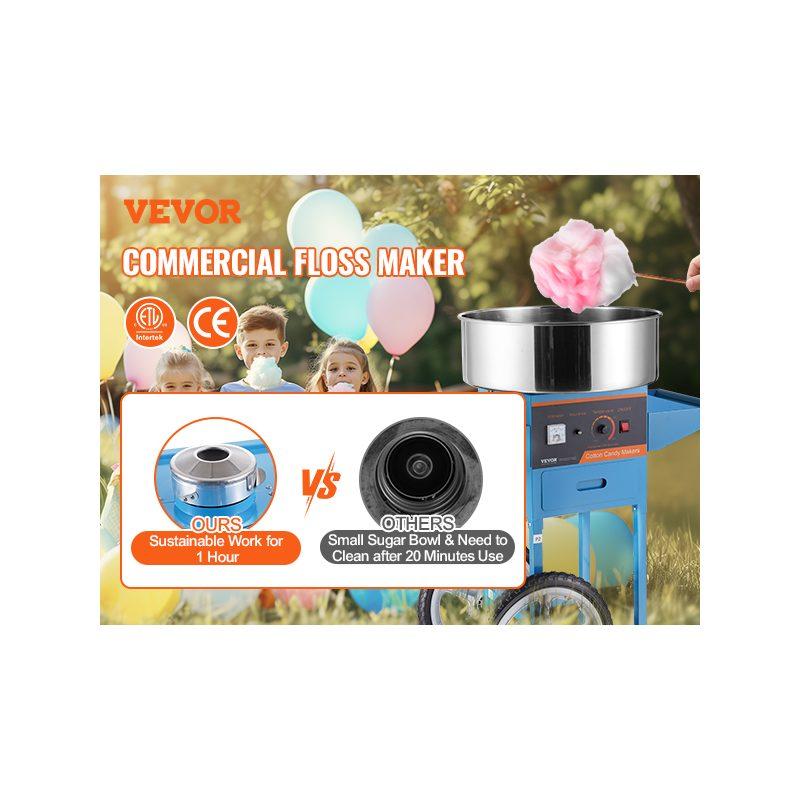 VEVOR Electric Cotton Candy Machine with Cart, 1000W Commercial Candy Floss Maker with Stainless Steel Bowl, Sugar Scoop and Drawer, Perfect for Home, Kids Birthday, Family Party, Blue