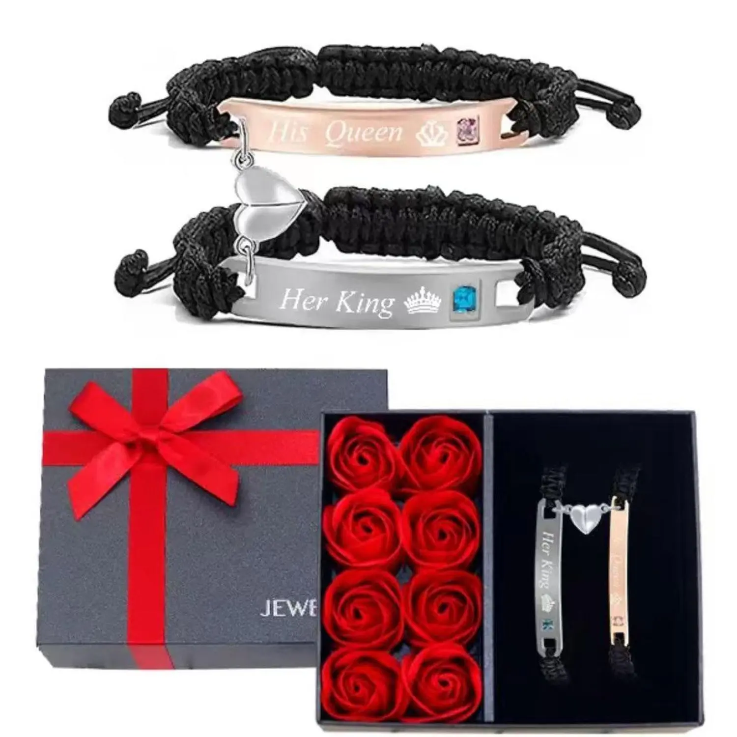 Valentine's Day Couple Symmetrical Bracelet Gift Set, Elegant Rose Box, Trendy Unisex Jewelry, Perfect for Birthdays and Graduations, Bracelet Combination Set