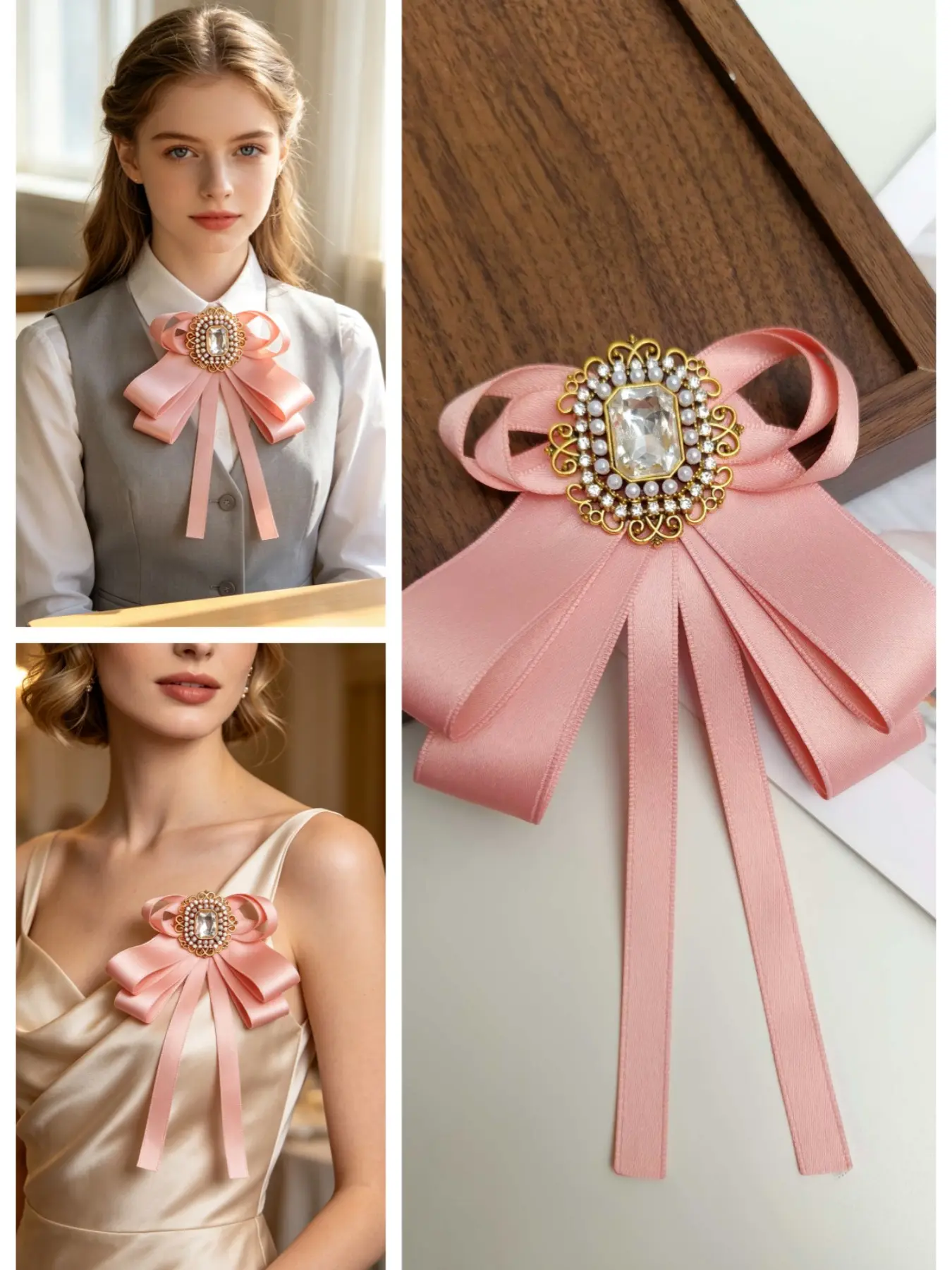 Elegant Rhinestone Bowknot Brooch, Satin Ribbon Pin, Pearl Trim Metal Accessory, Perfect for Student Suits, Wedding Bridesmaid Decor