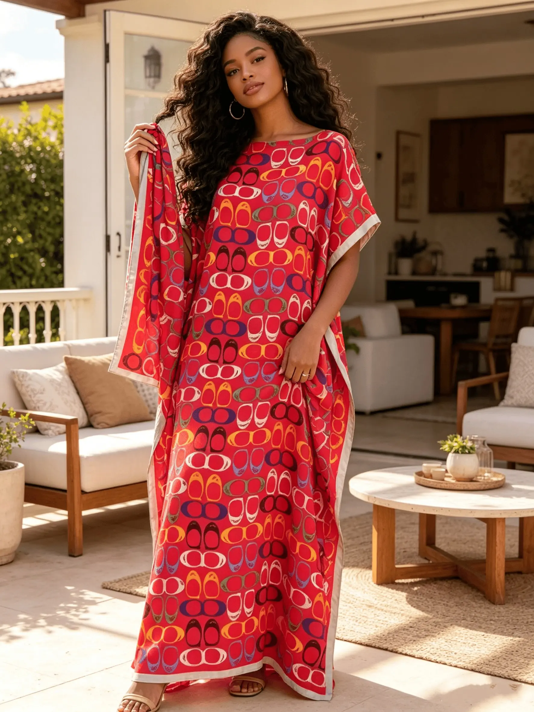 New Women's 2 Piece Red Multicolor Link Geometric Print Kaftan Maxi Dress with Matching Scarf, Silky Loose Satin Robe, Plus Size Friendly, Beach Cover Up, Boho Summer Outfit, Casual Summer Resort Vacation & Evening Party Wear