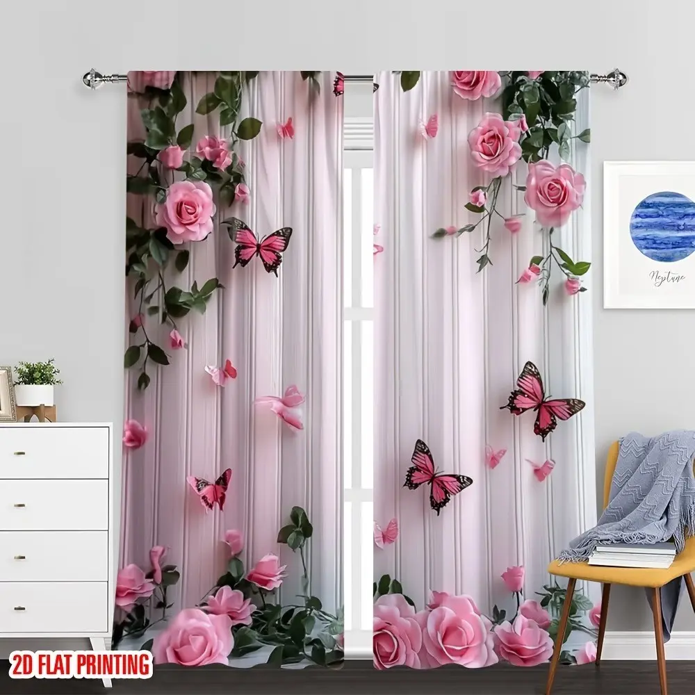 2 Piece Butterfly Floral Print Curtains, Semi-Transparent Polyester, Fashion Rod Pocket Window Drapes, Home Decorative Curtain for Bedroom and Living Room, Home Decoration Curtain