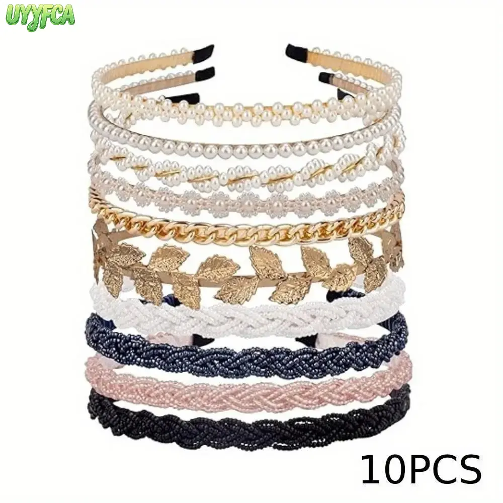 10 Pack Thin Mixed Style Women Headbands, Pearl Beaded Braided Metal Leaf Chain No Slip Hair Bands, Assorted Dainty Minimalist Hair Accessories For Girls Bridal Wedding Daily Casual Party Outfit Matching,boho knotless braids,summerwins
