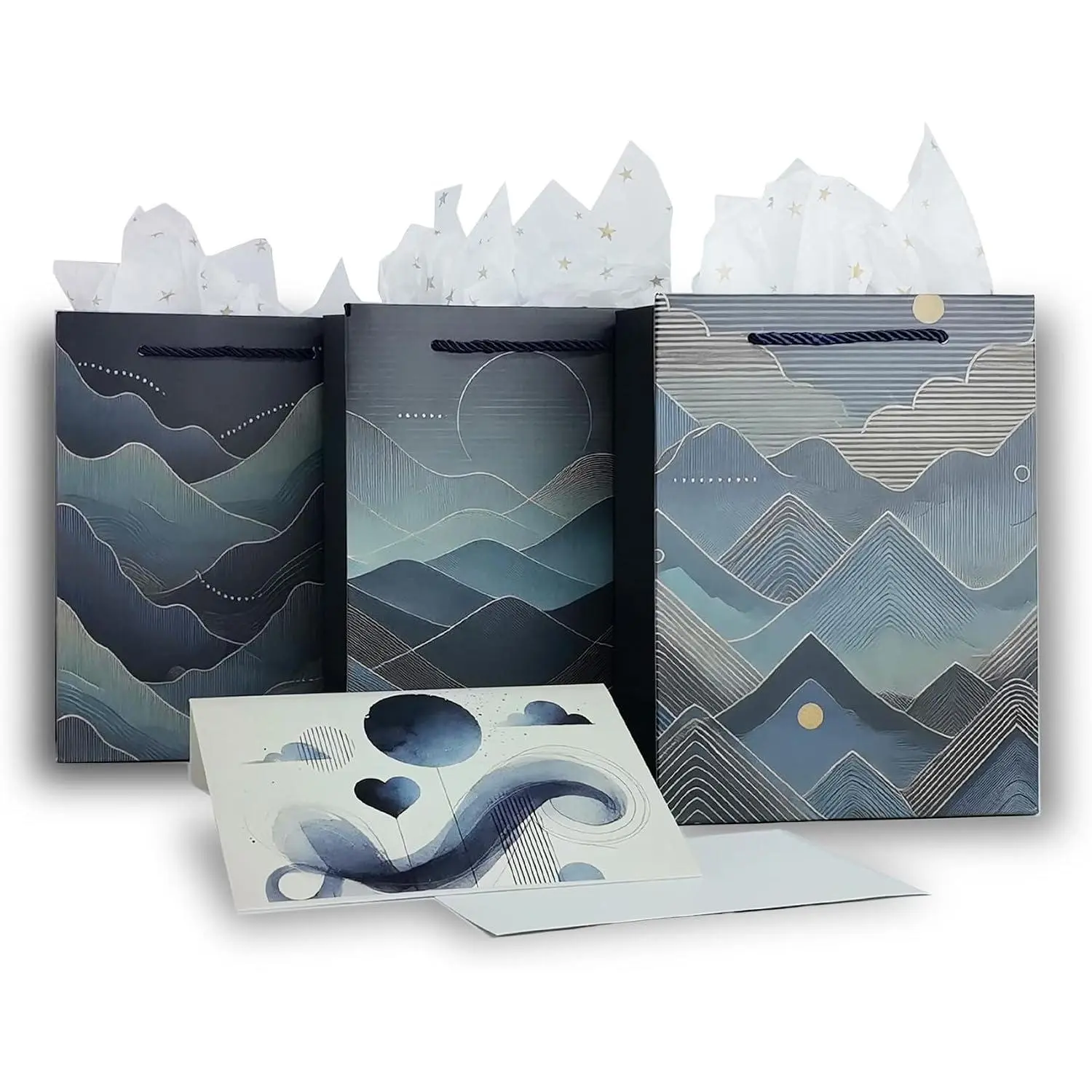 3 Pack  Bags Set with Envelopes, Cards & Tissue Paper - 7.1"x9.4"x4"   Packaging for Father’s Day, Birthdays, Valentine's Day and Business