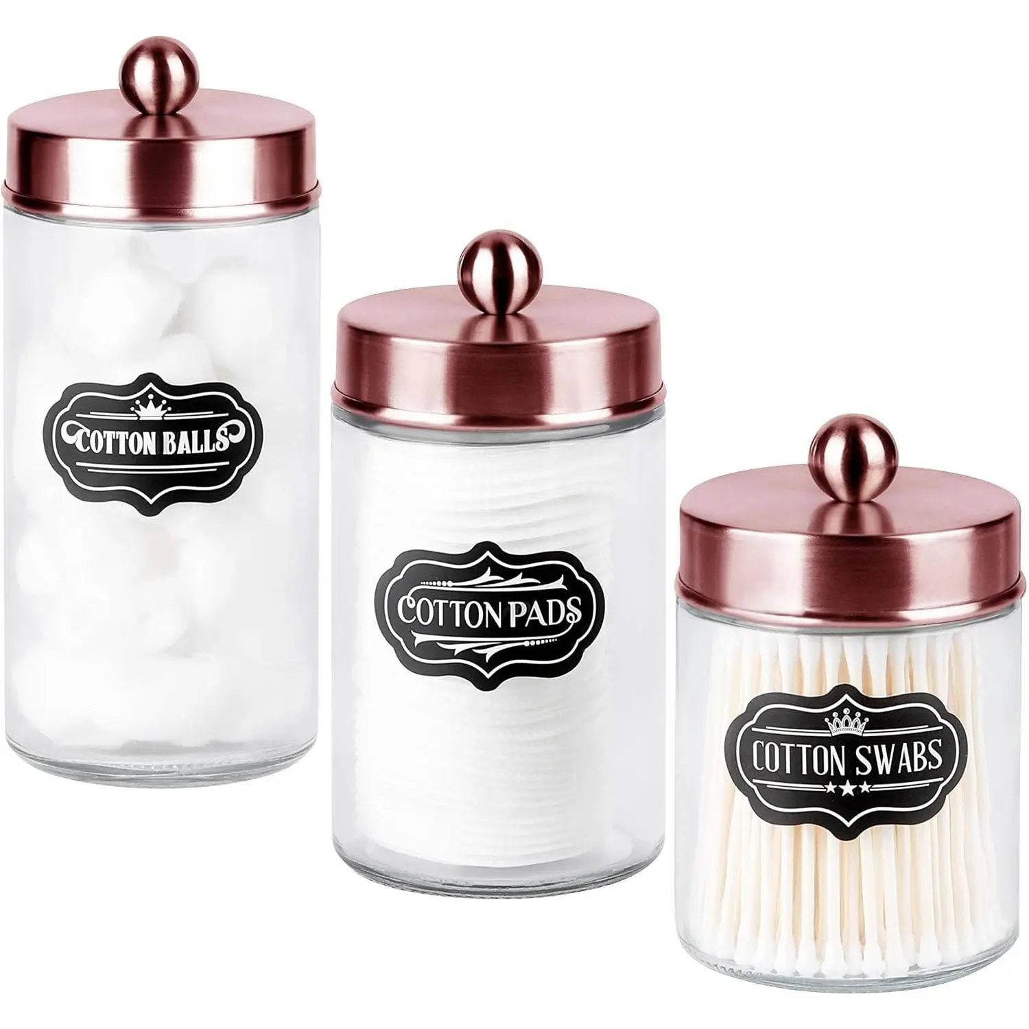 Jars 3 Pack - Glass Bathroom Containers with Stainless Steel  - Rustic  Decor Bathroom Accessories,  Organizer  Jars for Qtip/ Balls (Rose )