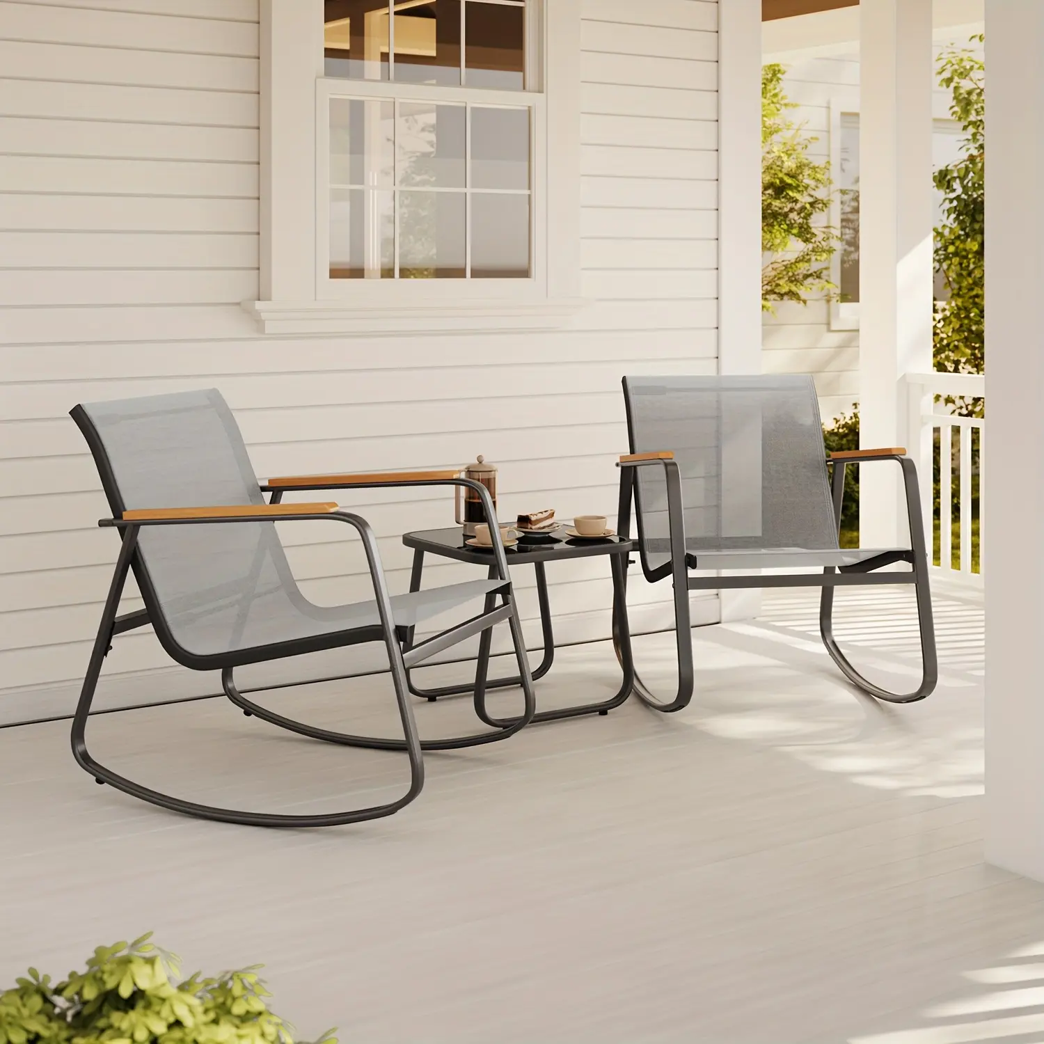 3pcs Outdoor Leisure Chair Set, Available In Rocking & Stationary Chair Options, with Tempered Glass Table, Rustproof Steel Frame, Ergonomic, All-Weather, for Garden, Backyard, Patio, Porch And Poolside(Easy Assembly)