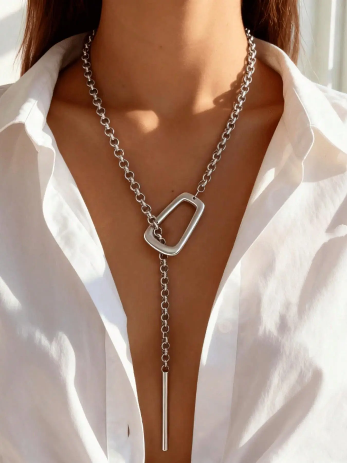 1 pc Long Silver Large Pendant, Women's Thick Silver Y-Shaped Chunky Chain Necklace, Unique Thick Copper Adjustable Scarf-Style Chunky Necklace, Elegant Collarbone Necklace