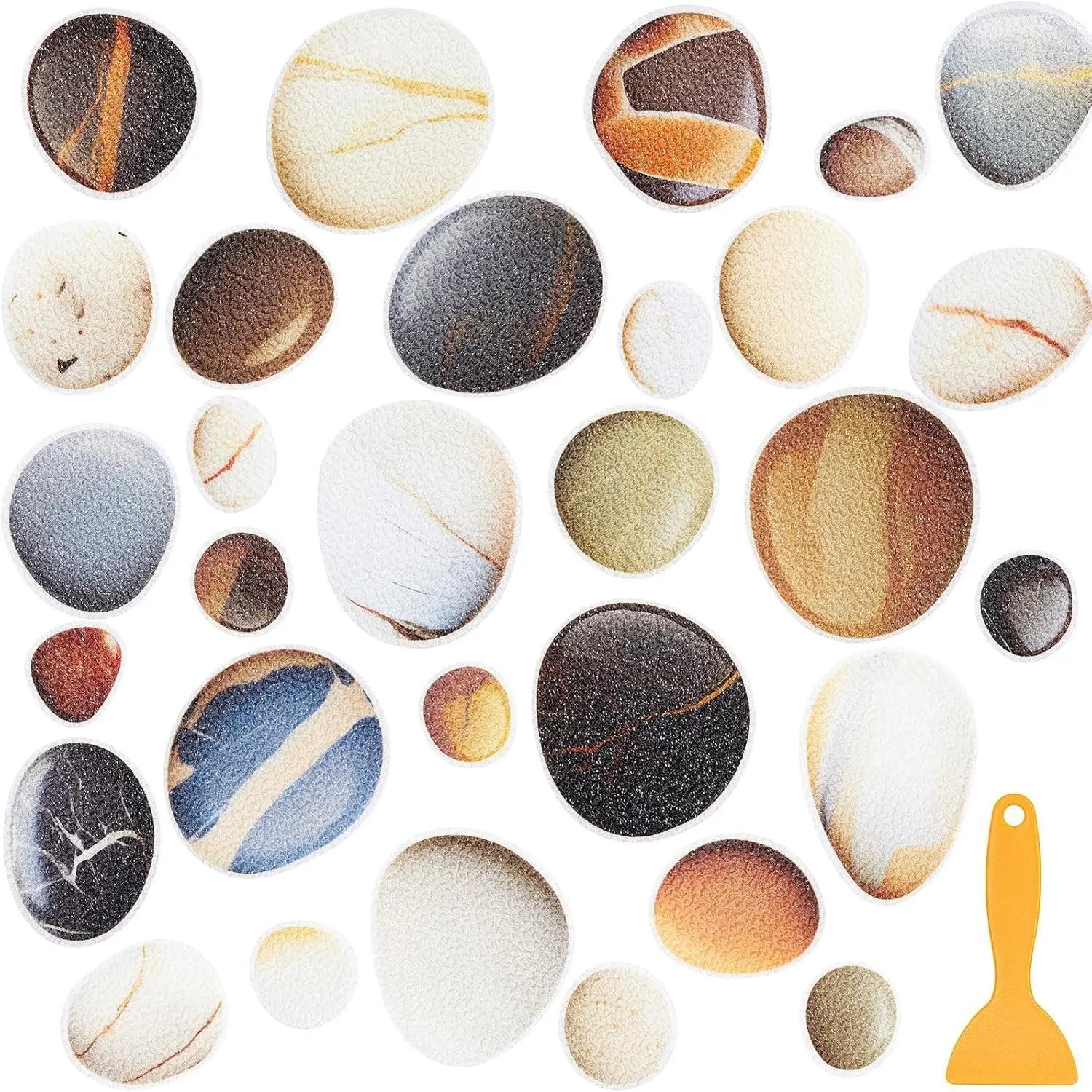 30 Pcs Pebble Non Slip Bathtub Stickers Colorful Pebble Anti Slip Shower Stickers Shower Floor Nonslip Sticker Applique Adhesive Decals Treads with Scraper for Bathtub Bathroom Floor