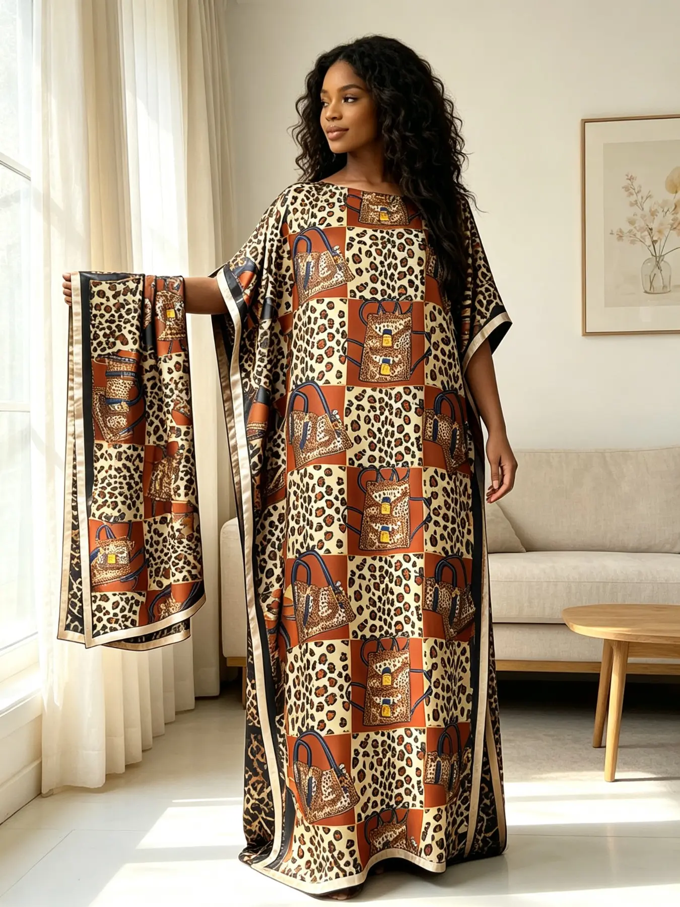 Plus Size Women 2 Piece Satin Caftan Maxi Dress Set, Caramel Check Leopard Handbag Print Wide Sleeve Loungewear Sleep Robe with Matching Head Scarf, Outfit for Home, Hotel and Beach Vacation