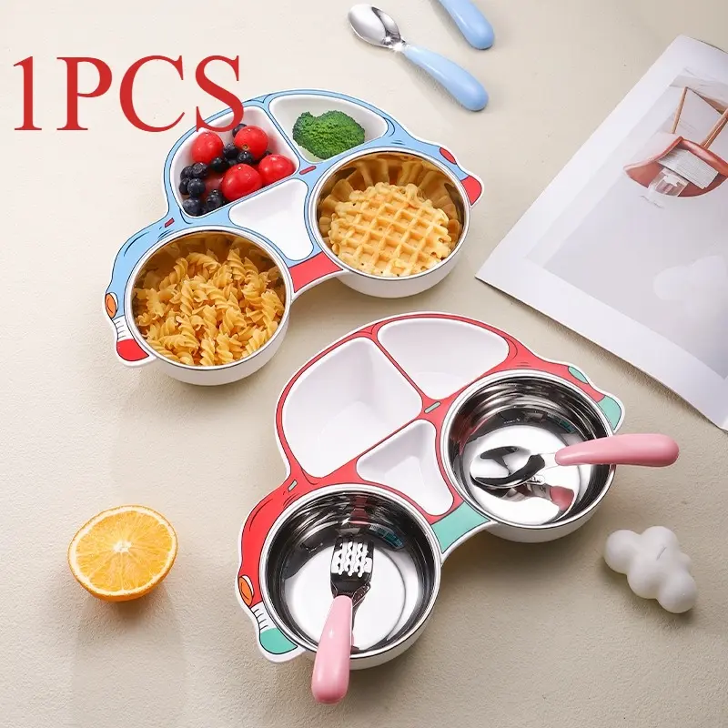 304 Stainless Steel Children's Car-Themed Dining Set — Detachable & Washable Baby Feeding Bowl, Creative Cartoon-Style Divided Plastic Plate Set, Toddler Dinnerware Set, Toddler Plates And Bowls Set