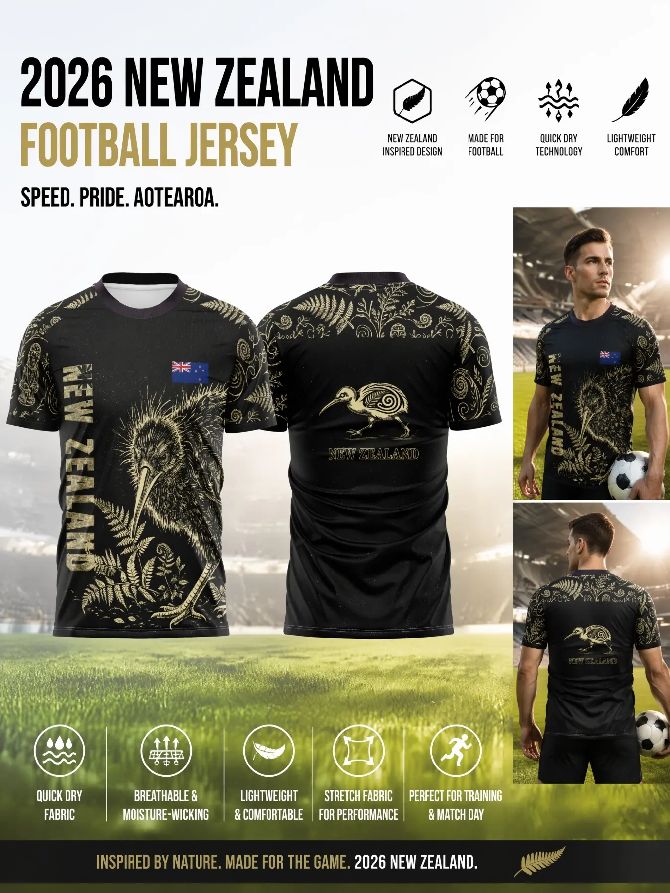 2026 New Zealand Soccer Jersey, Mesh Tribal Floral Print, Quick-Dry Breathable Lightweight Elastic Moisture-Wicking Durable Sports T-Shirt