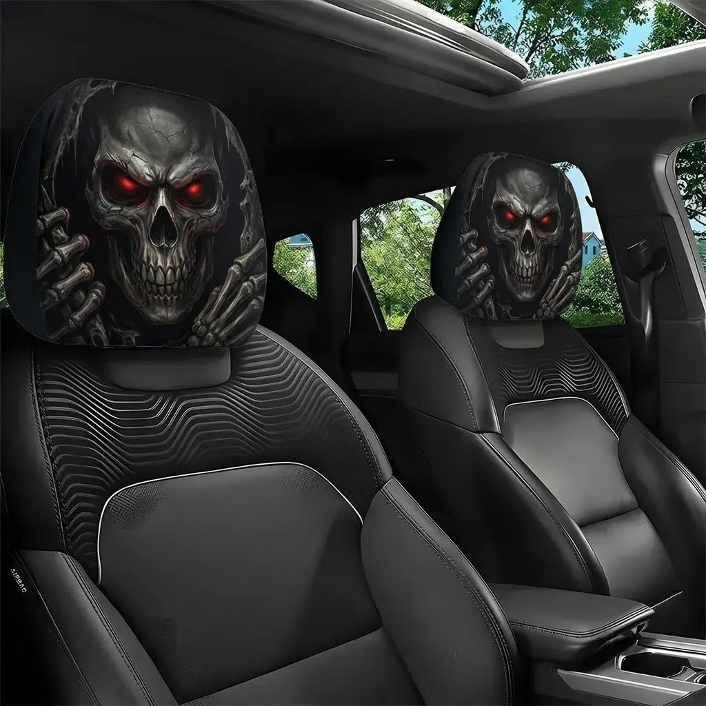 2-Pack Skull Design Car Headrest Covers, Car Accessories, Washable, Easy Install, Durable, Comfortable, Perfect for Halloween Christmas Decor