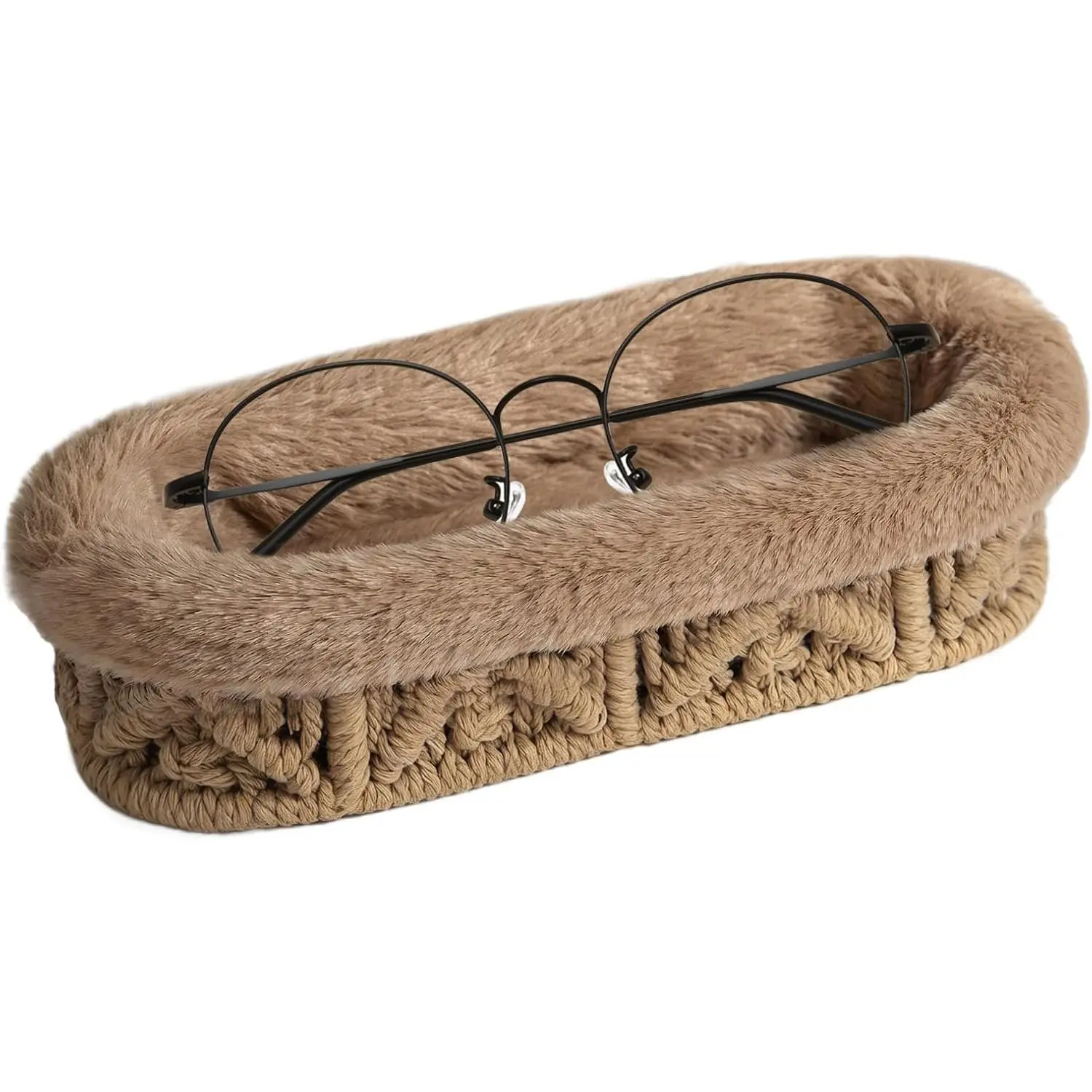 Glasses Holder, Anti-scratch Plush Lined Eyeglass Holder Stand | Oval Eye-glasses Storage Organizer Case for Nightstand, Office Desk, Bedside Table, Brown