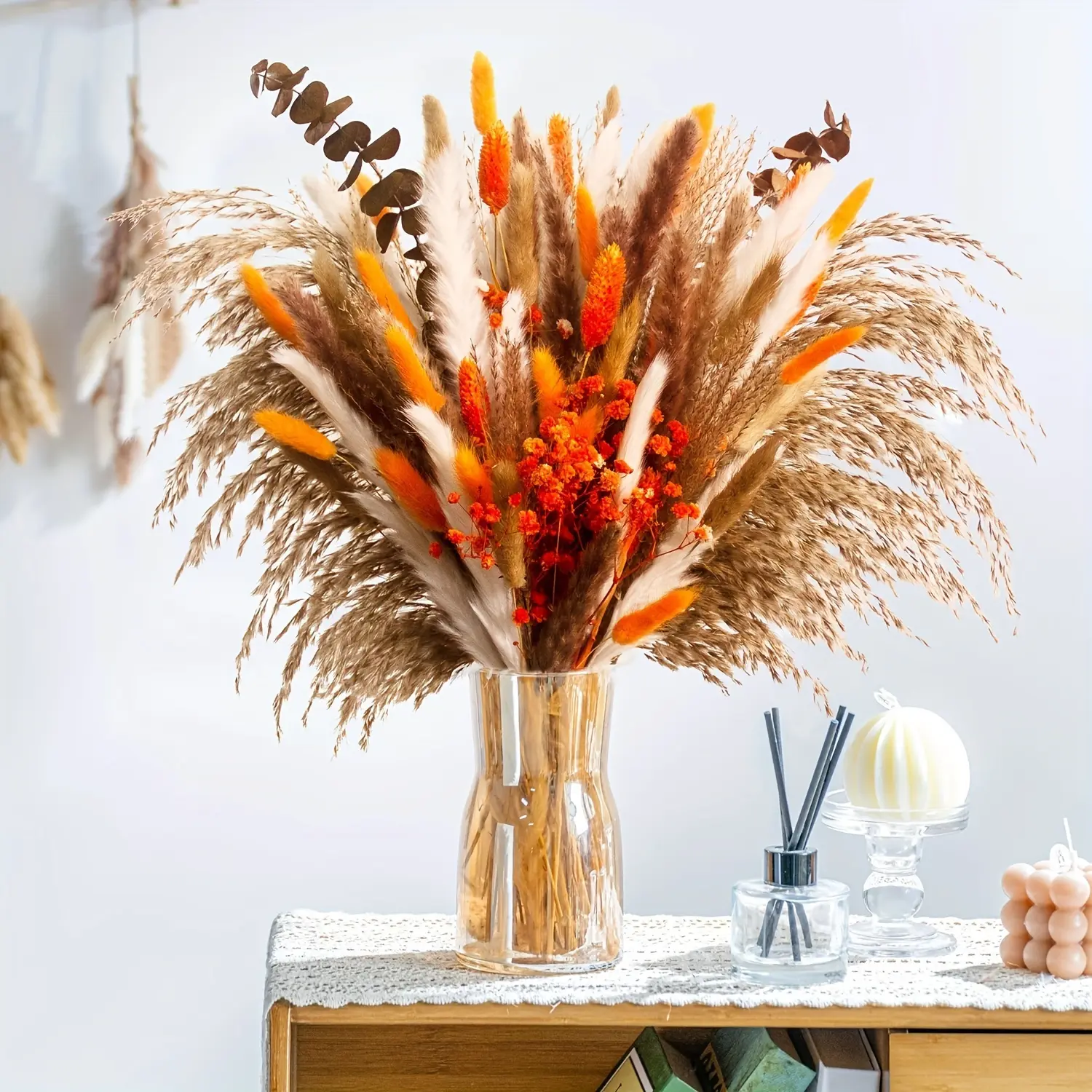 100pcs Fall Home Decor Orange Pampas Grass Decor Autumn Dried Flowers Decorations Fluffy Boho Golden Bouquet Wedding Table Centerpieces Rustic Farmhouse Floral Yellow Boho Decor Indoor Outdoor Flower Decorations