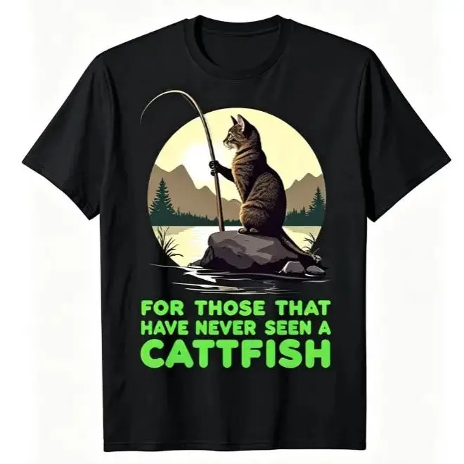 Men's Funny Catfish Meme Athletic Top, Menswear Pun Graphic Fishing Humor Tee, Soft Breathable Cotton Athletic Fabric Shirt, Casual Round Neck Short-Sleeve for Work & Outdoor Attire, Shortsleeve, Tops, Unisex Fit, Breathable Cloth, Hand Wash Ok