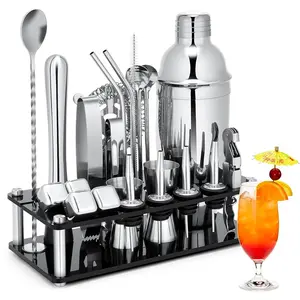Cocktail Shaker Set, 23-Piece Stainless Steel Mixing Tools, Comes with Acrylic Stand and Cocktail Recipe Book, Professional Mixing Tools, Suitable for Drink Mixing, Home, Bars, Parties (Includes 4 Whiskey Ice Stones)