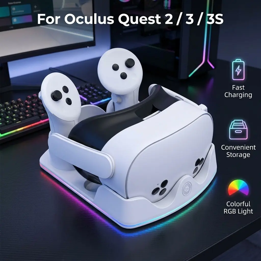 Charging Stand for Quest2/3/3s VR Devices, Includes 7 RGB Light Effects, Ideal for VR Equipment Storage and Charging