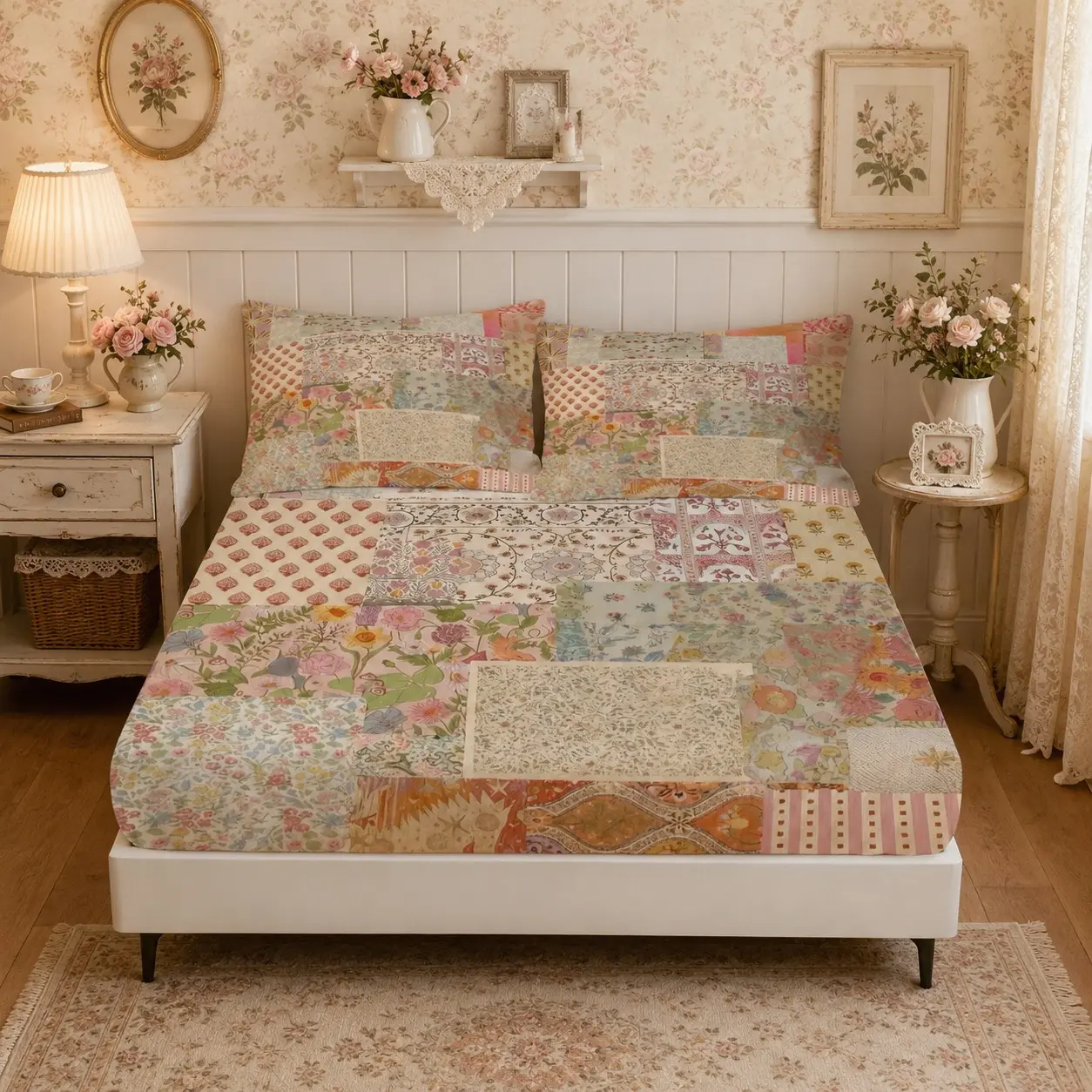 Boho Patchwork Floral Fitted Sheet 3-Piece Set (1 Fitted Sheet + 2 Pillowcases, No Pillow Insert Included), Vintage Cottagecore Style, Soft & Breathable Deep Pocket Design, Ideal for Teens & Adults Bedroom Decor, A Thoughtful Gift for Her