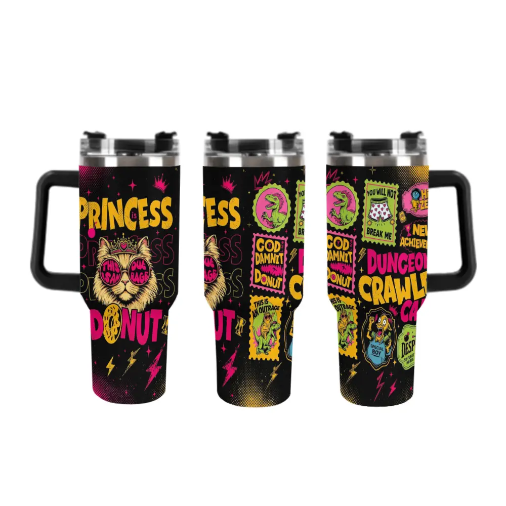 Dungeon Crawler Carl & Princess Donut Neon Pop Art 40oz Insulated Stainless Steel Reusable Travel Tumbler Mug - Lid, Single Handle, Straw, 'Goddammit Donut','New Achievement' Quotes for LitRPG Fans