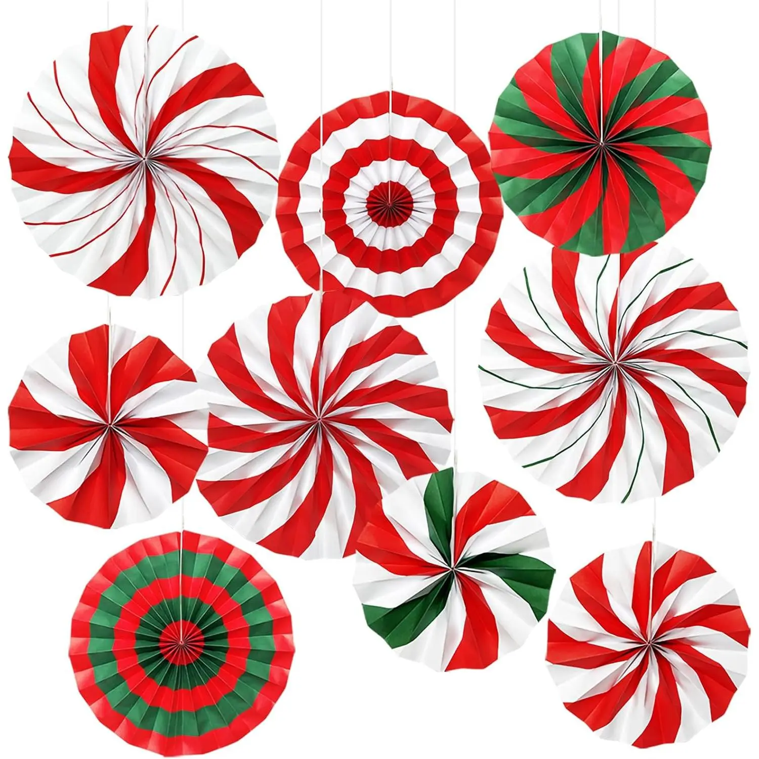9 count Christmas Party Decorations, Red and Green  Candy Paper Fans Candy Cane Wall Ceiling Decor for Xmas Party, Classroom, Office, Birthday