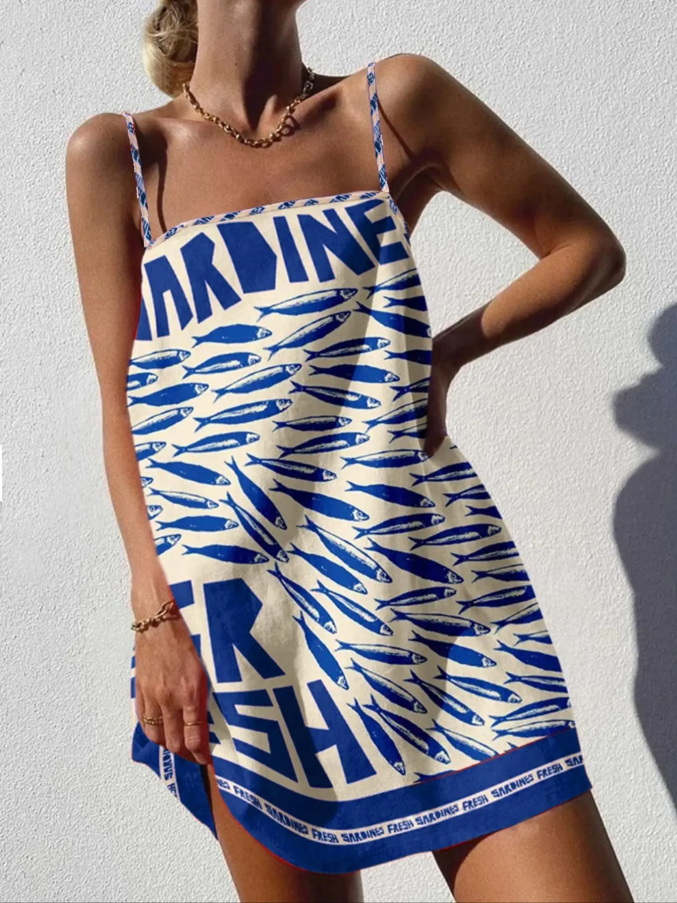 sardines linen dress Vintage sardine print suspender dress