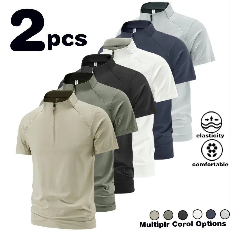 Men's half zip stand up collar short sleeved summer ice silk quick drying breathable sports T-shirt elastic casual half open top