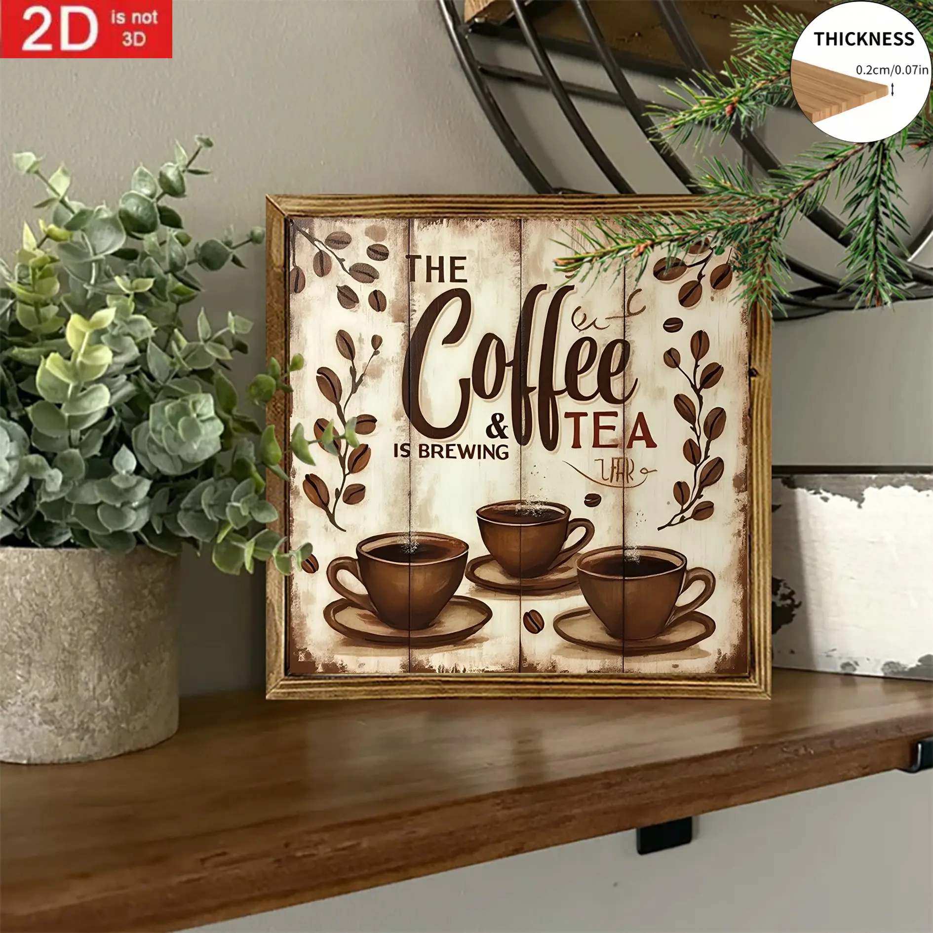2D Flat, 8X8 Inch Vintage Wooden Coffee And Tea Wall Decor - Retro Style, Hand-Painted Frame, Easy to Hang Decorative Piece, Suitable for Home, Cafe, Office, Bar, Or Entrance - "Coffee And Tea, Perfect Gift Idea