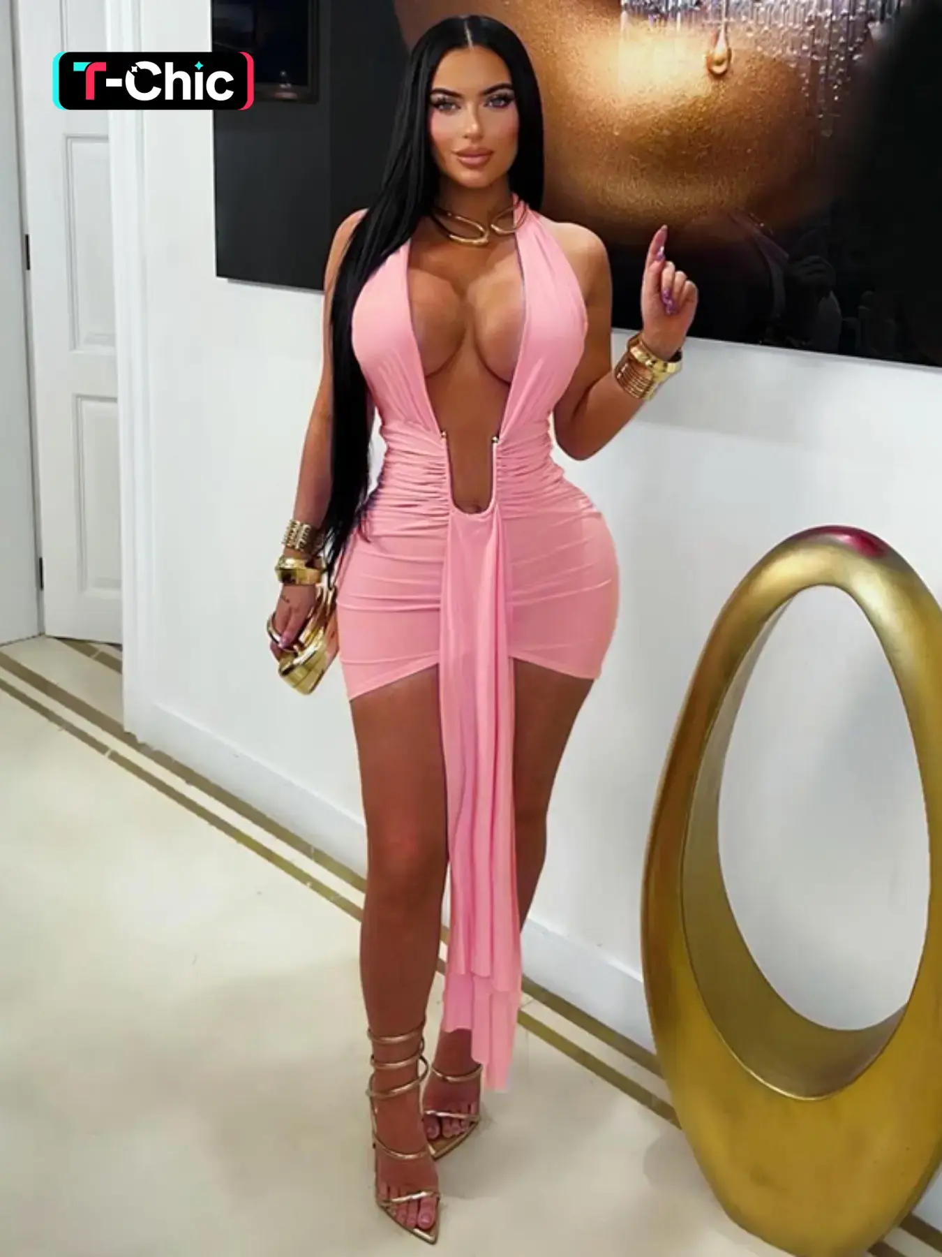 Women's Deep Plunge Halter Bodycon Dress with Metal Ring, Sexy Party Dress for Nightclubs, Music Festivals, and Cocktail Parties