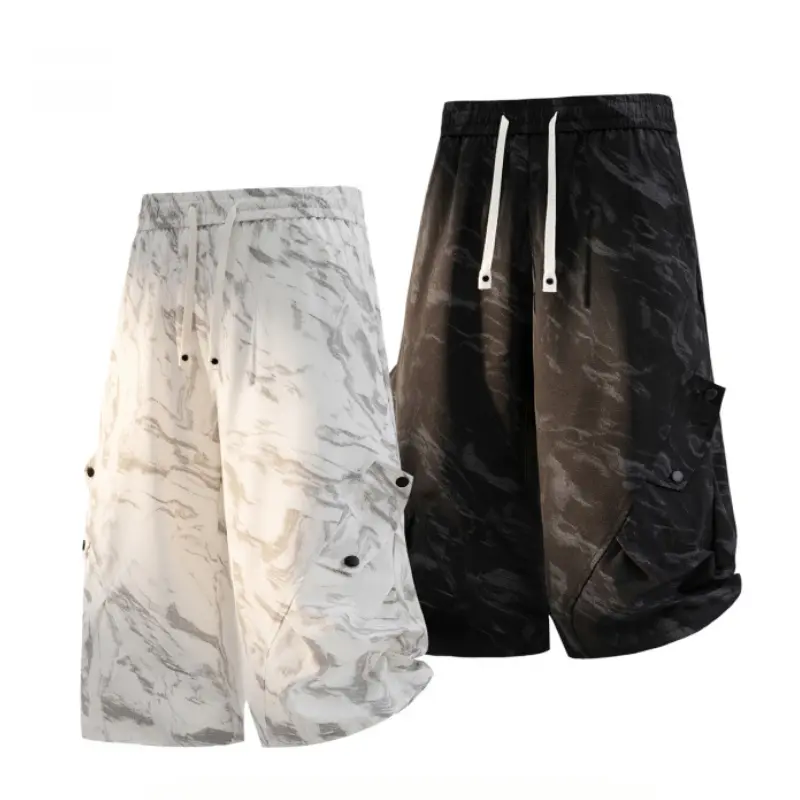 Men's Slim-Fitting Cargo Pants, Street Retro Marble Print 7/8 Length Trousers, Lightweight Quick Dry Fabric for Casual Fashion, Menswear, Stylish