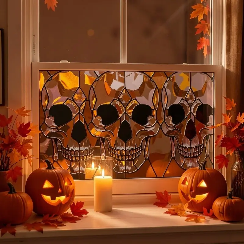 Halloween Skull Geometric Window Decals for Glass Windows, PVC Static Adhesive Decor, Privacy Protection, Party Decoration, Home Decor, Halloween Gift