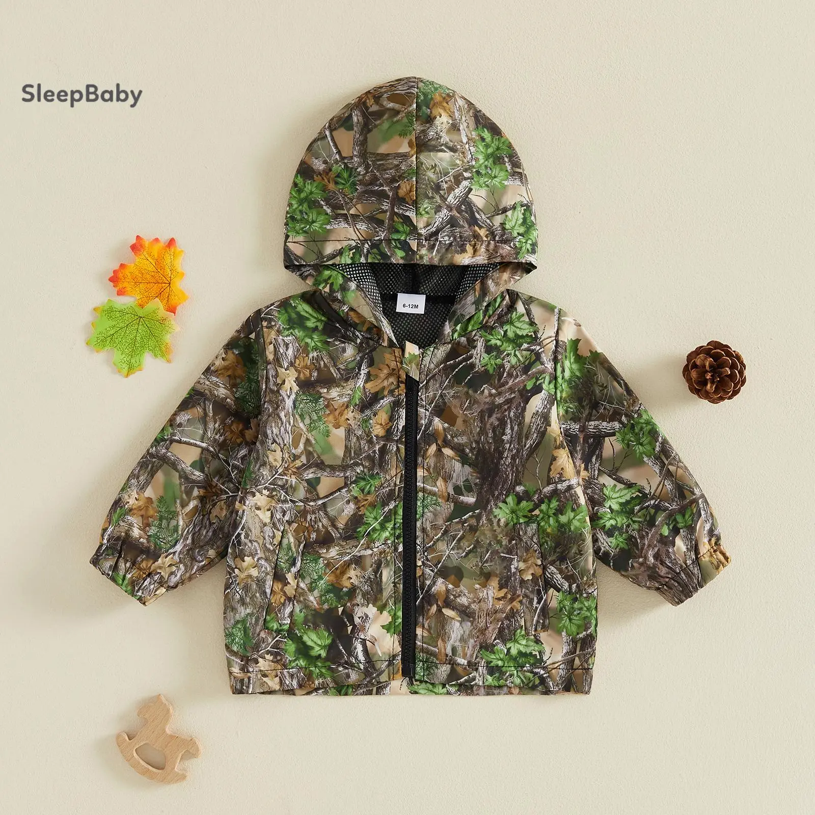 Baby Woodland Camo Hooded Windbreaker Jacket, Full‑Zip Long‑Sleeve Coat with Breathable Mesh Lining, Lightweight Outdoor Woodland Print Outerwear for Infant Toddler Boys Girls