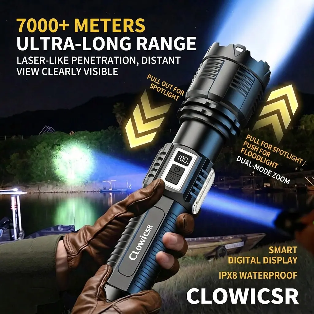 Super Bright 1000 Lumens Flashlight, Solar Charging, Adjustable Beam, COB Side Light, Rechargeable LED, Ideal for Camping, Hiking, Emergency, High Lumen Flashlight