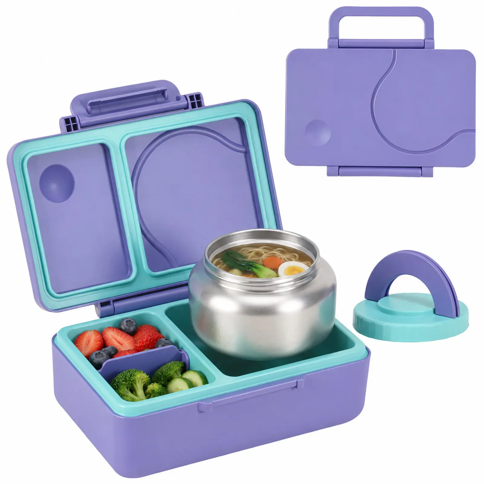 Bento Box with 12oz Insulated Container, Leak-Proof Silicone Seal, 3 Compartments, Dishwasher & Freezer Safe, BPA-Free